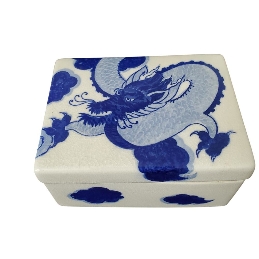 Vintage Nancy Lopez 1981 Dragon Trinket Box White & Blue Glass Art Decor Collect